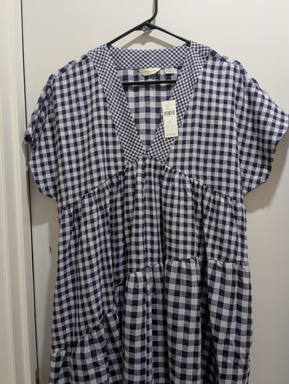 Anthropologie 11-1-TYLHO V Neck Swing Dress Navy and White Gingham Tiered Sz. S - Picture 7 of 8